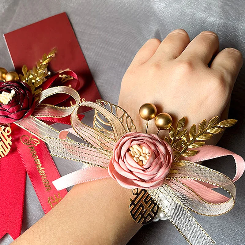 

Bridesmaid Wrist Corsage Fabric Hand Flowers Fake Rose Artificial Pearl Ribbon Bracelet Bride Wedding Party Prom Jewelry