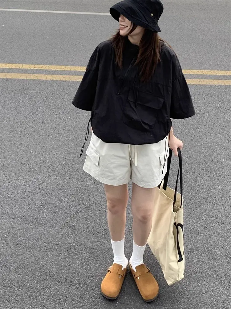 HOUZHOU Cargo Shorts Women Vintage Japanese Style Casual Baggy Black White Short Pants High Waist Short Female Summer Streetwear