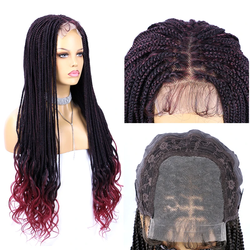 4x4 Lace Front Braided Wig With Curly End Long For Black Women Synthetic Braiding Hair Wig With Baby Hair