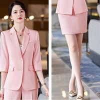 outerwear and short skirt wine red two piece mid sleeve business suit womens suit spring and autumn white collar workwear 2019