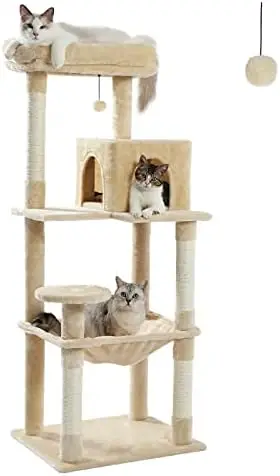 

Tall Cat Tree for Indoor Cats, Multi-Level Cat Tower with Super Large Hammock (20''X16''), Sisal Covered Scratch Cat bowl Plasti