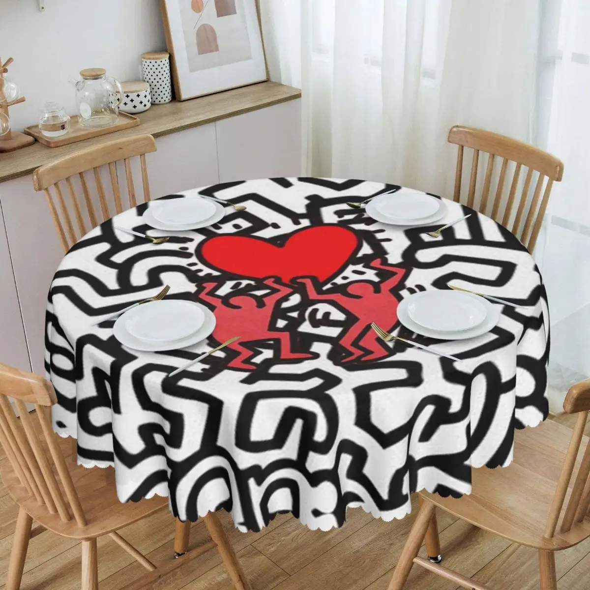 

Funny Two Red People Round Tablecloths 60 Inches Haring Geometric Graffiti Table Covers for Parties Table Cloth