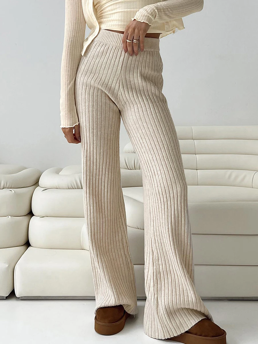 

Женские однотонные брюки из трикотажа в рубчик с широкими штанинами с эластичной талией и завязкой спереди, брюки-свитер с широкими штанинами, длинные брюки-Палаццо для отдыха