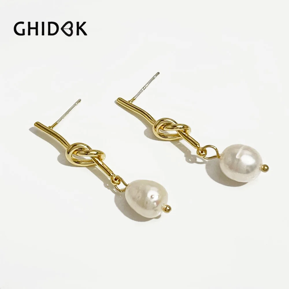 

GHIDBK Simple 14K Gold Plated Knotted Pearl Dangle Earrings for Women Baroque Freshwater Pearl Drop Earrings Jewelry Classy