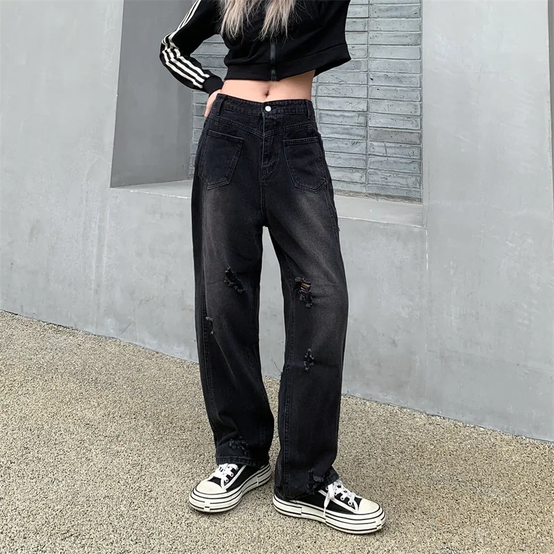 

CGC 2023 Straight High Waist Jeans Women Denim Cargo Pants Casual Streetwear Baggy Jeans Vintage Hole Female Trousers Jeans