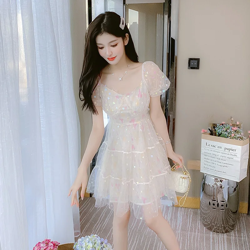 

COIGARSAM Dresses Women Cute Puff Sleeve Mesh High Waist Dress Dropshipping