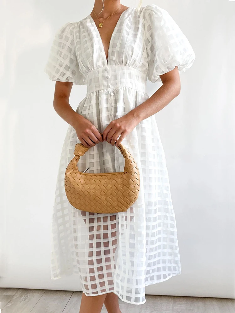 

Модные длинные платья в клетку, женское летнее платье с пышными рукавами, женское Элегантное повседневное Прозрачное платье, платья