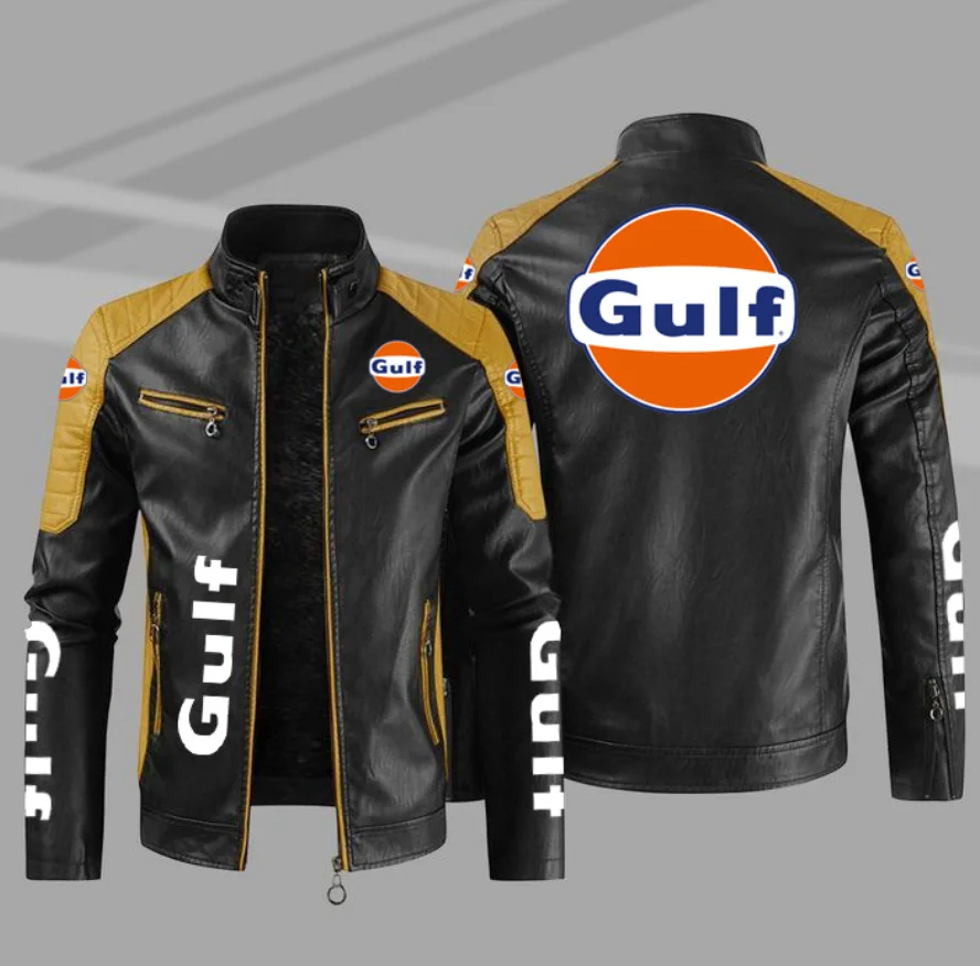 Black PU Leather Jacket Gulf Logo Men Motorcycle Biker Fashion Leather Coats Male Bomber Jacket Pockets Clothes