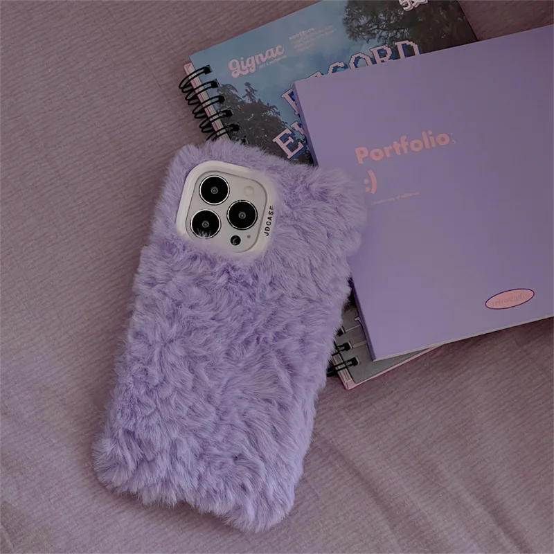 Lns Korean Style Cute Fluffy Fur Phone Case For Iphone 16 14 13 12 11 Pro MAX X XS XR 15 Girl Cover Soft Plush Coat Coque