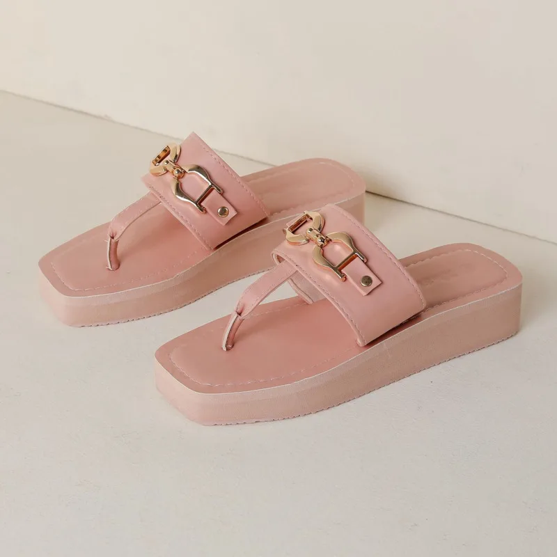 Summer Solid Chain Slippers For Women Fashion PU Leather Wedges Female Flip Flops Design Square Toes Women Platform Slides