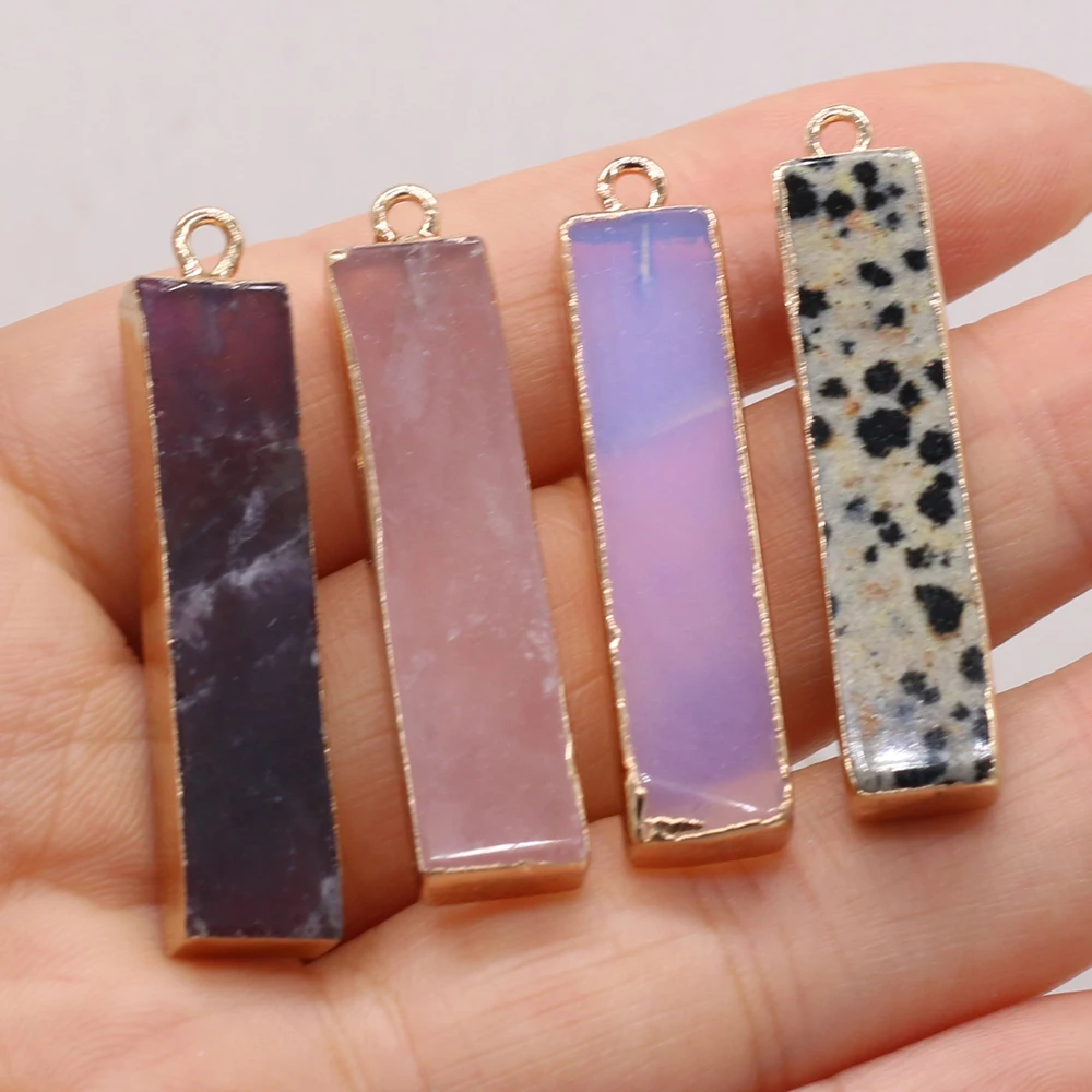 

Natural Stone Amethyst Opal Rose Quartz Necklaces Pendants Plating Golden Rectangle Charms For Jewelry Making Bracelets Handmade