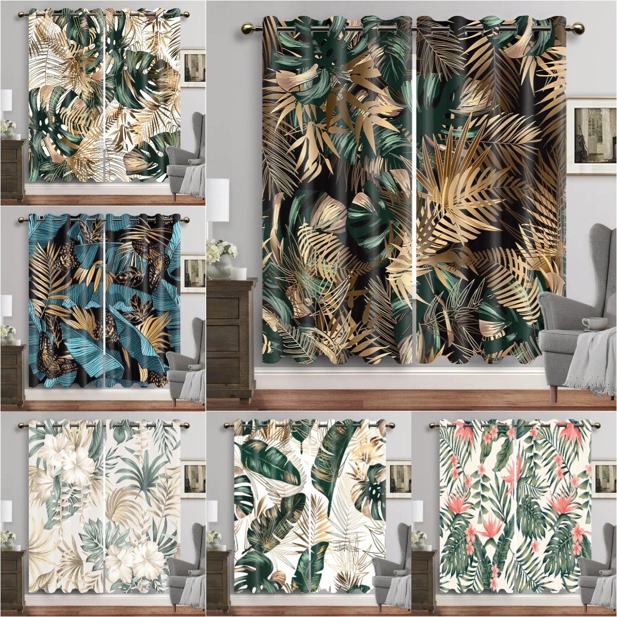 

Tropical Leaf Window Curtain Palm Leaves Blackout Curtains for Bedroom Living Room Kitchen Room High Shading(70%-90%) 2 Panels