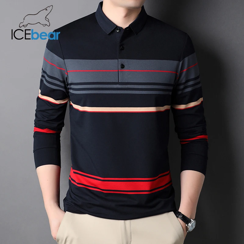 

ICEbear 2023 New Spring And Summer Men's Clothing Casual Striped Polo Shirt Long Sleeve Sweater Tops LM605