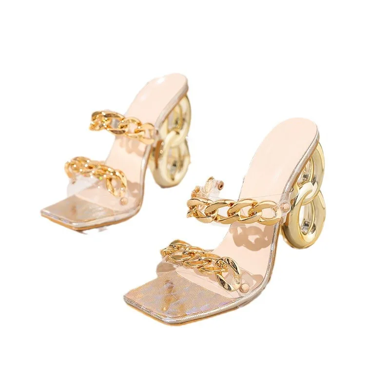 Женские тапочки на металлической цепочке 8 форм высокий каблук квадратный носок