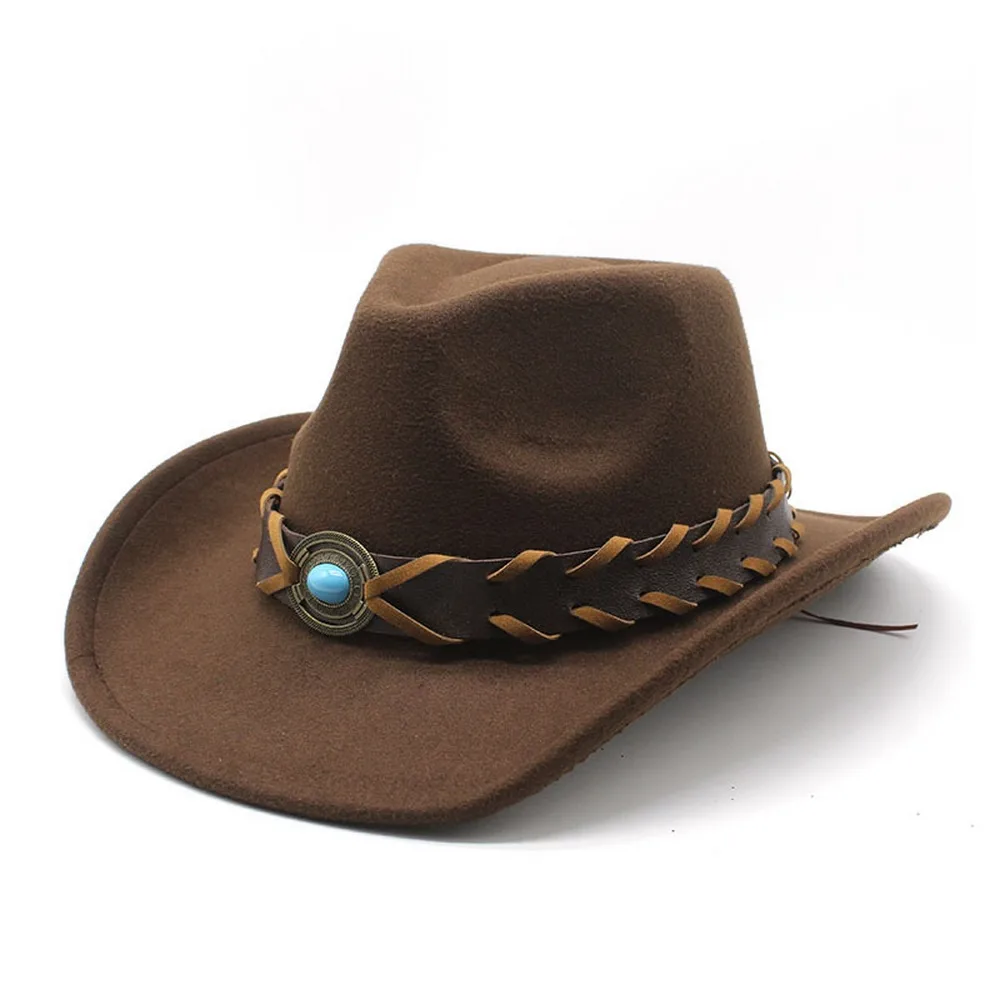 

Four Seasons Cowboy Hats For Women And Men Woolen 57-58cm Wide Straps Decorative Beads Curved Brim Unisex Antique Western Caps