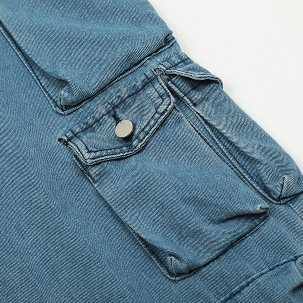 Джинсы мужские с множеством карманов свободные прямые брюки из денима стильные