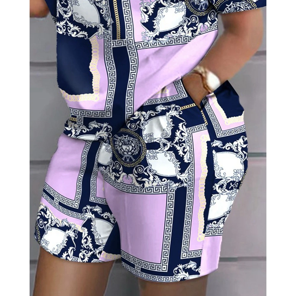 2023 Summer Women Chain Print Short Sleeve Casual Top & Pocket Design Short Set Casual 2 piece New in Suit Sets Outfits Streetwe