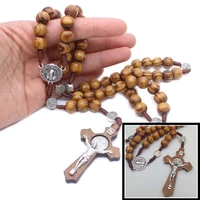 new handmade round wooden beads rosary religious necklaces cross pendant for female religious jesus jewelry mother gifts