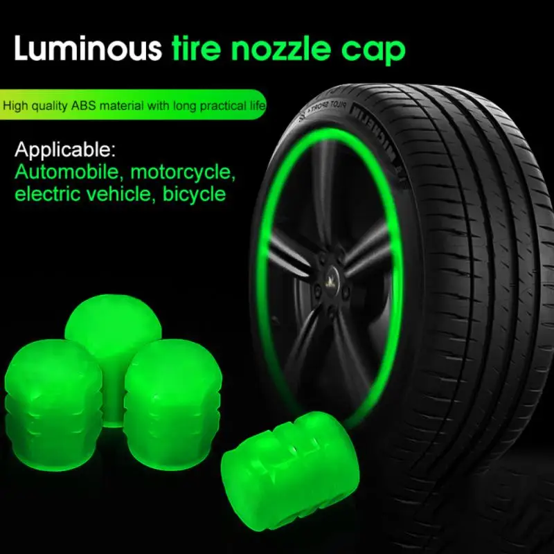 4PCS Car Luminous Tire Valve Caps Green Fluorescent Night Glowing Auto Motorcycle Bicycle Tires Valve Covers Accessories