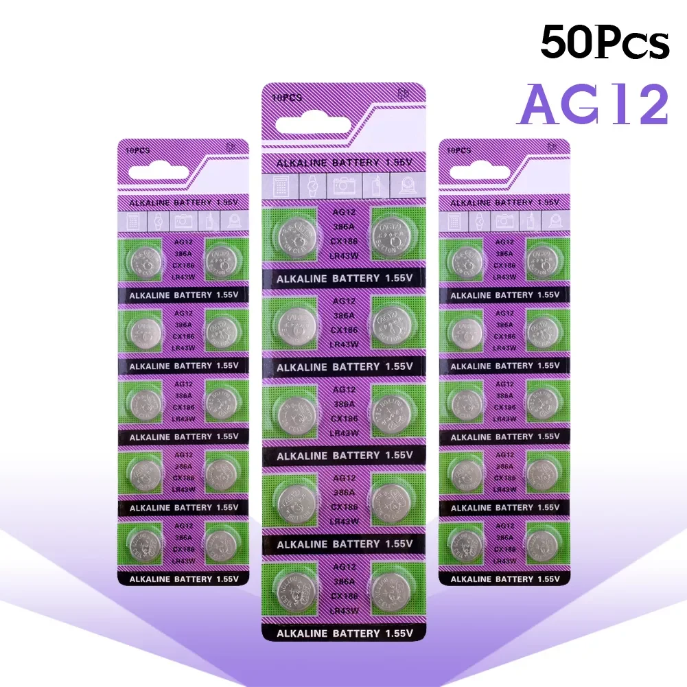 

Кнопочные батарейки AG12 AG 12 LR43 V12GA GP386 SR1142 1,55 в 50 шт. AG12 LR43 1,55 A RW44, 386 в