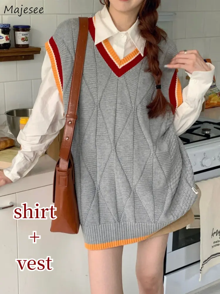 

Preppy Style Sets Women V-neck Panelled Sweater Vests Shirts 2 Pieces Simple All-match Chic Vintage Casual Schoolgirls Fashion