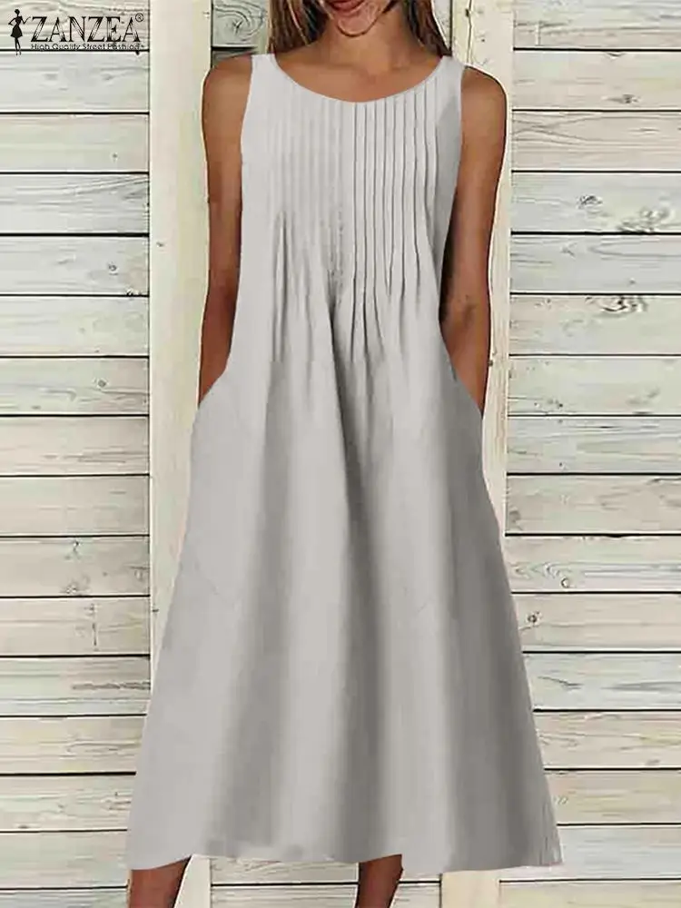 

Holiday Sundress ZANZEA 2023 Summer Women Dress O-Neck Sleeveless Vestidos Bohemian Vintage Midi Robe Elegant Office Dresses