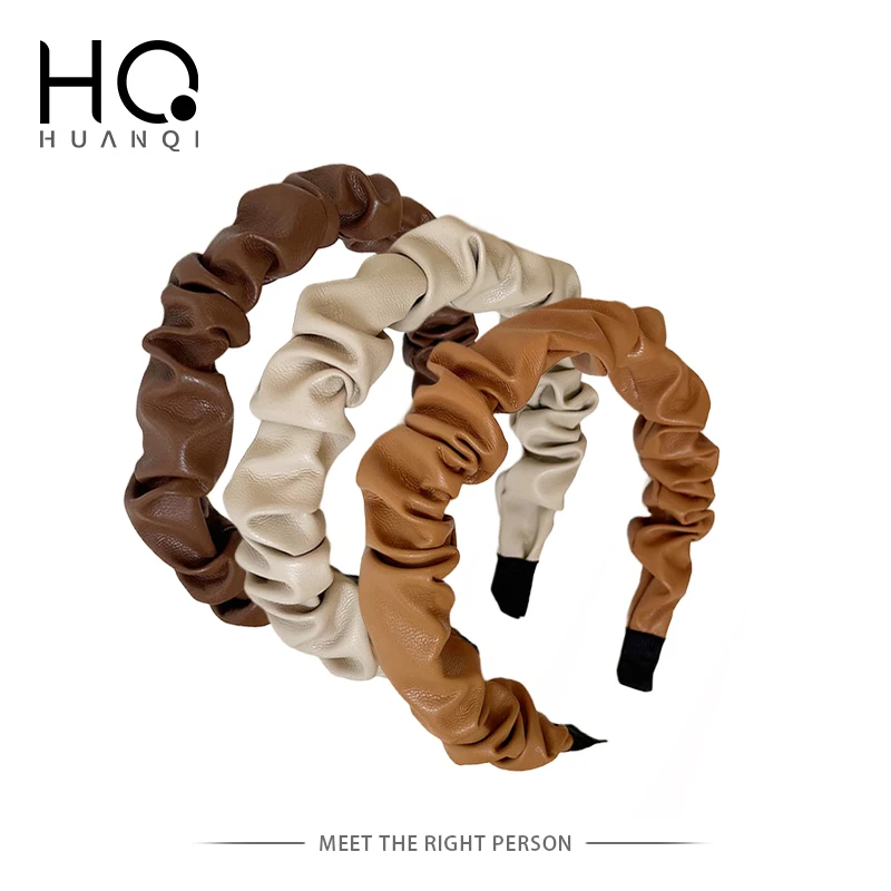 

HUANZHI 2022 Trendy Vintage Leather Pleated Headband for Women Hair bands Hair Decorate Hoops Headwear Fashion Hair Accessories