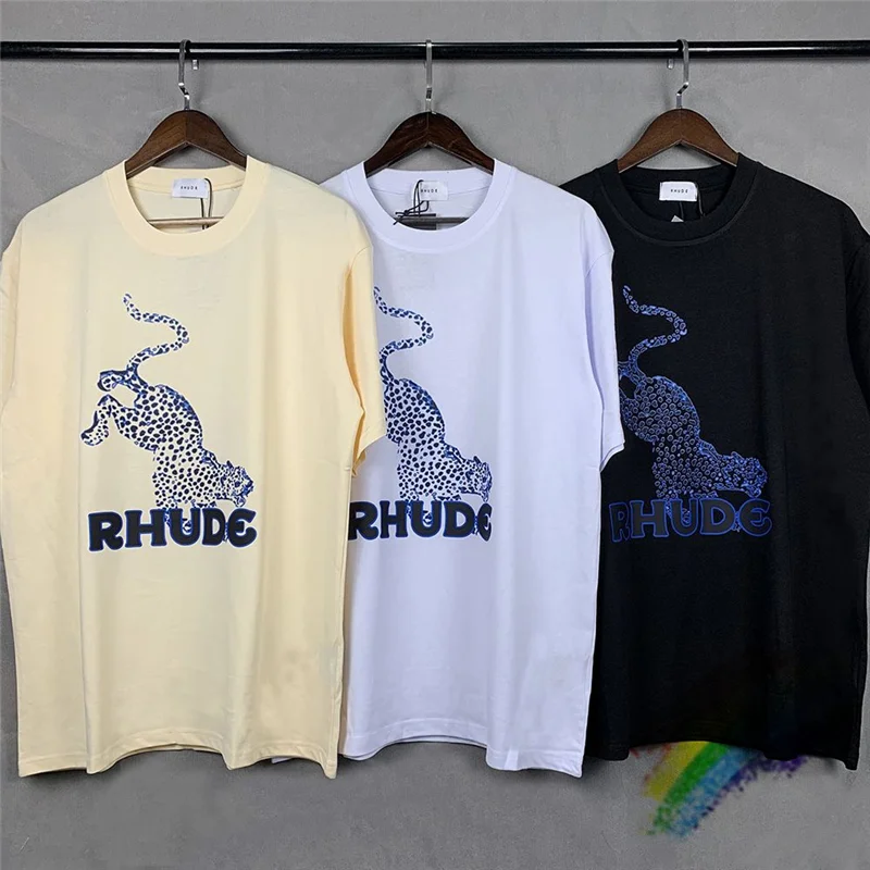 

Rhude Leopard Print T-shirt Men Women Rhude Tee Oversize Tops Black Short Sleeve