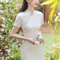 cheongsam women slim fit chi pao 2022 summer cotton blend embroidery short sleeve traditional chinese style qipao dresses woman