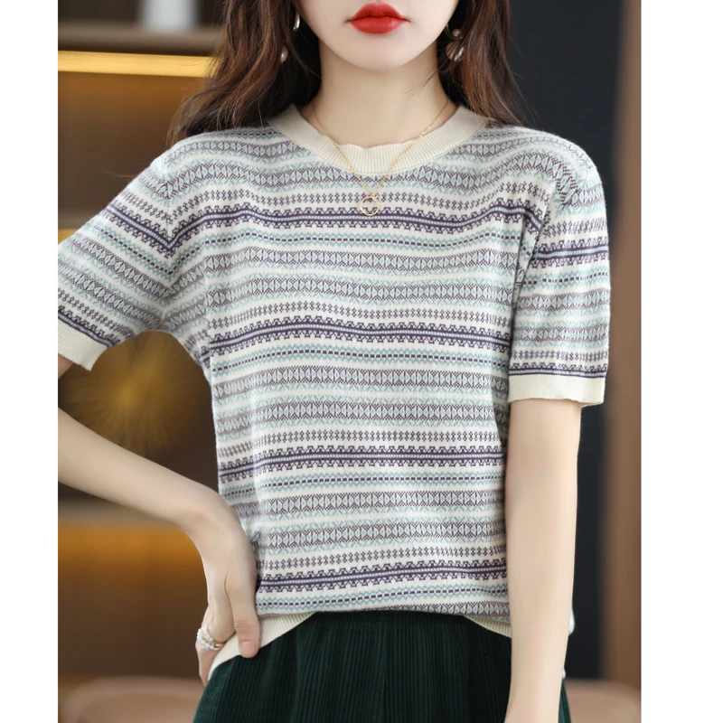 

Summer Korean Women's Cotton Knitted Short-Sleeve Round Neck Stitching Striped Faashion Pullover Loose Delicate Top Chic T-shirt