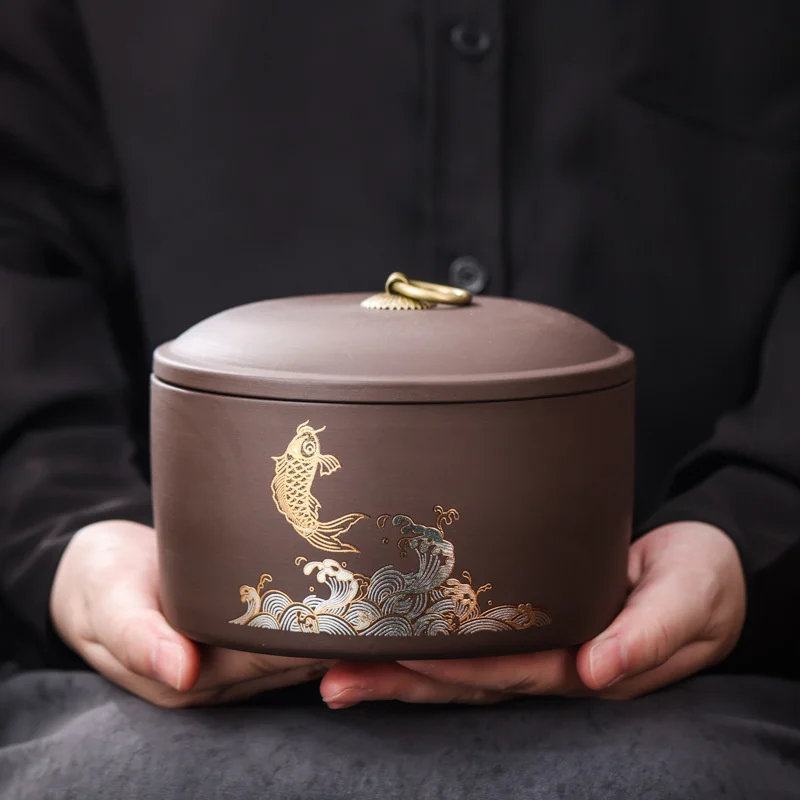 

Style Chinese Ceramic Storage Jar Tea Caddy Purple Clay Tea Storage Tank Moisture-proof Ceramic Jar Household Tea Box Wholesale