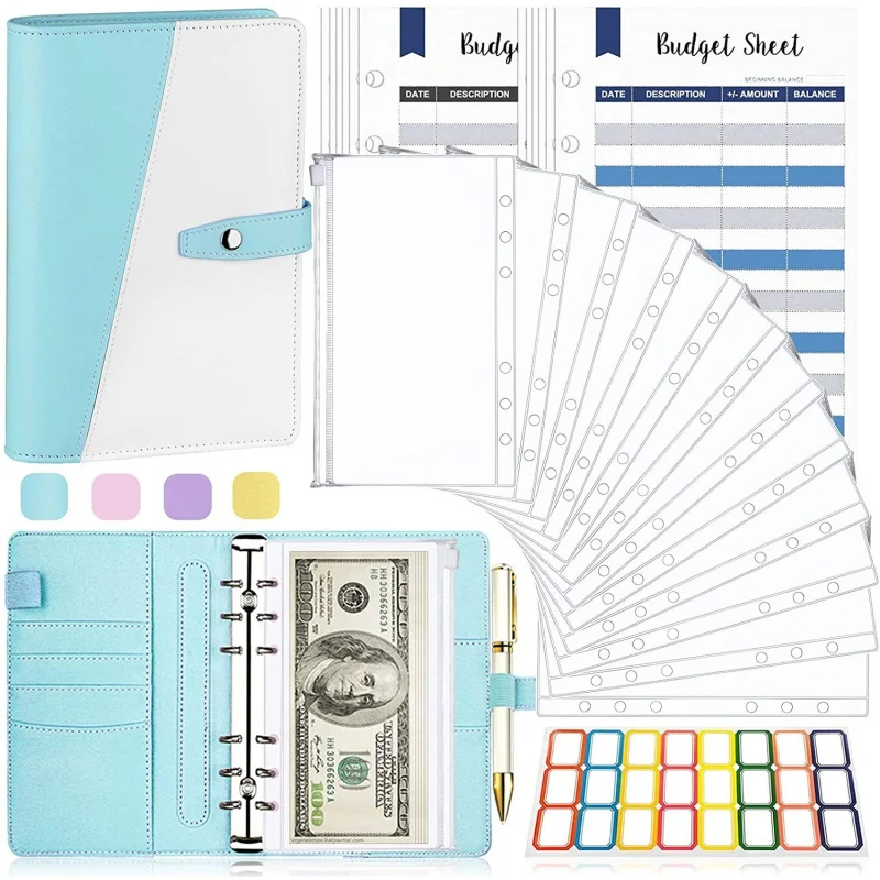 

Custom A6 PU Leather Hardcover 6 Ring Budget Book with 12PCS A6 Labelled Binder Envelopes, Budget Sheets & Category Stickers