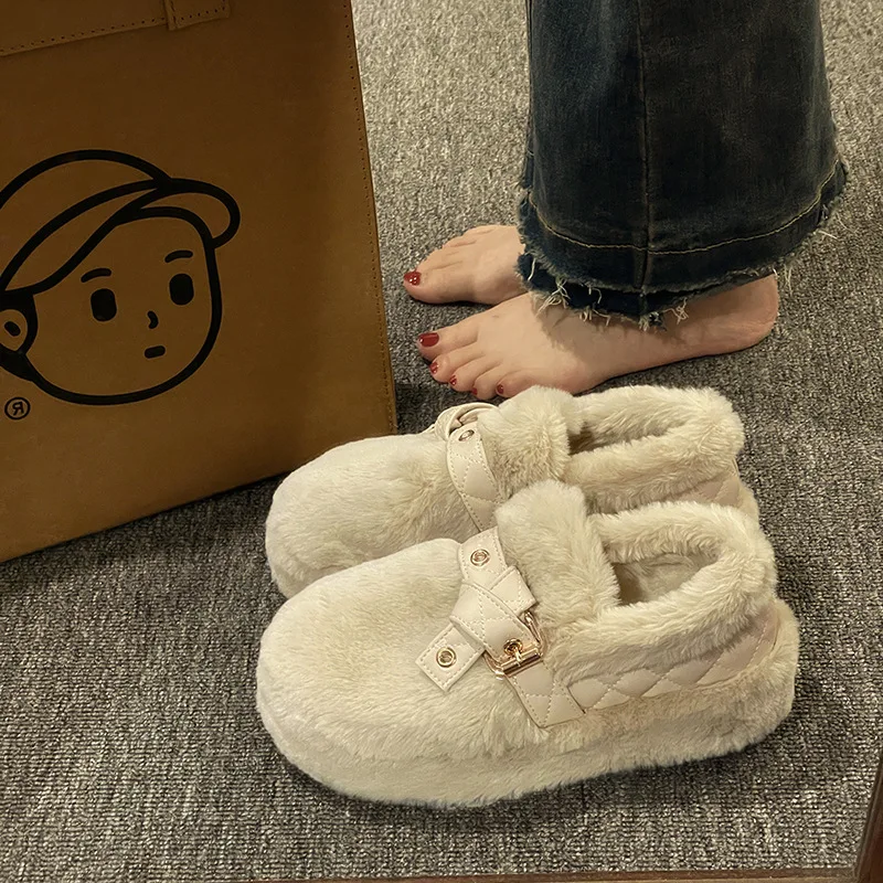 

Women Loafers Fur Casual Female Sneakers Round Toe Autumn All-Match Korean Shoes Clogs Platform Slip-on New Winter Fall 2023 Cre