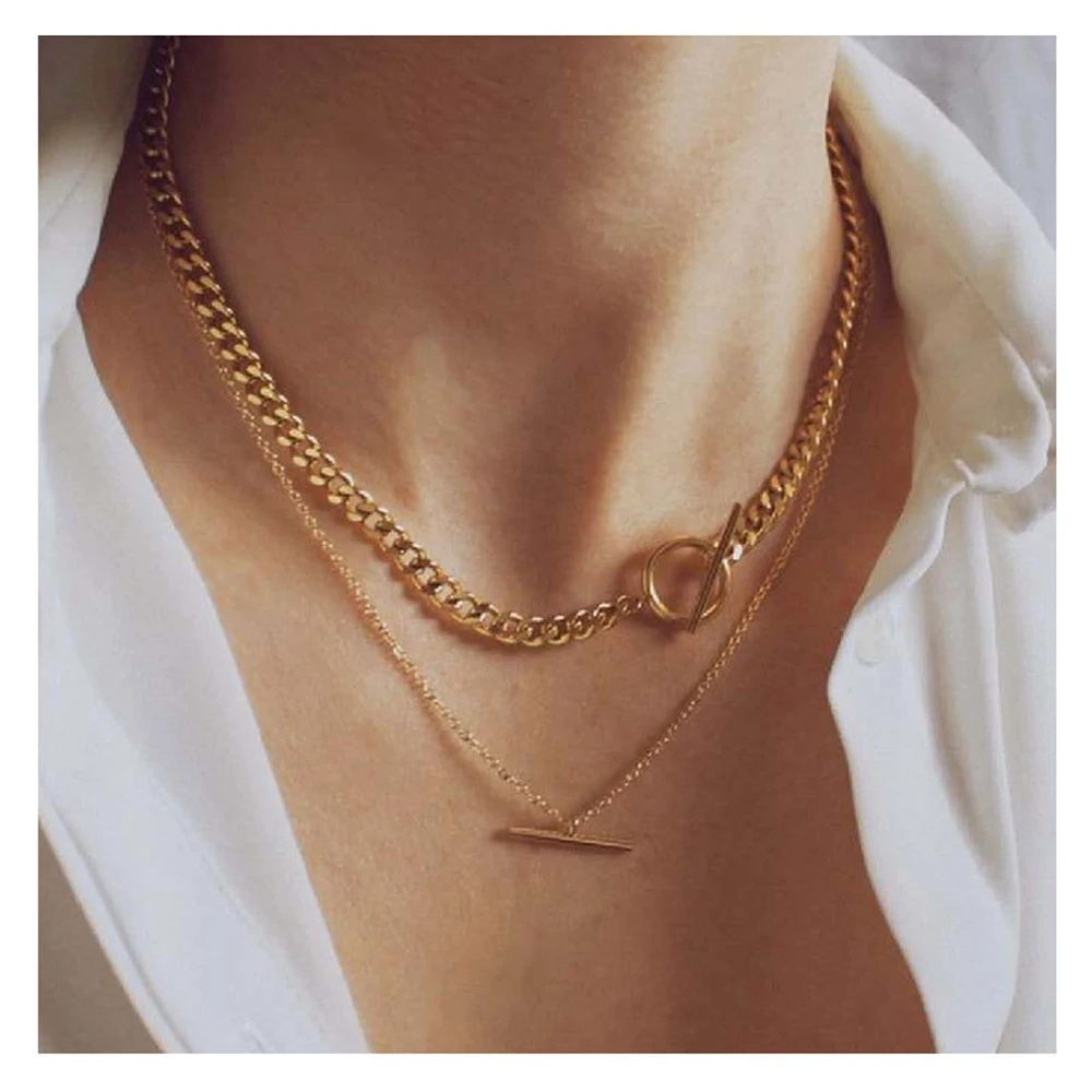 

New Multi-Layer OT Toggle Clasp Initial Letter Necklaces Simple Rhodium Color Necklace Choker Summer Women Beach Clavicle Chain