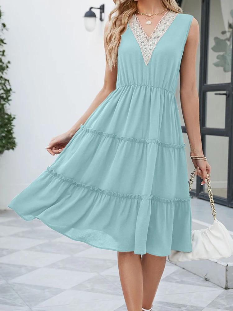 

Women Elegant Midi Dresses Summer Casual Sleeveless Pleated Dress Female Fashion Solid Color Loose Beach Holiday Dress Vestidos