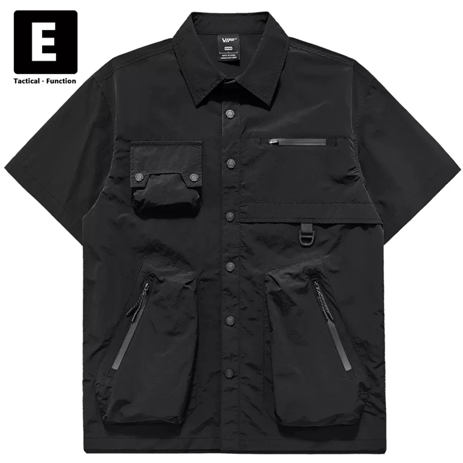 Black Techwear Cargo Shirt Men Spring Summer Short Sleeve Shirts Jackets Pocket Patchwork Shirt Male Streetwear