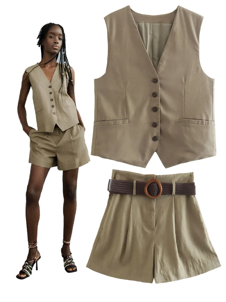 

Женский короткий топ без рукавов, льняная смеска с V-образным вырезом и повседневные шорты с поясом