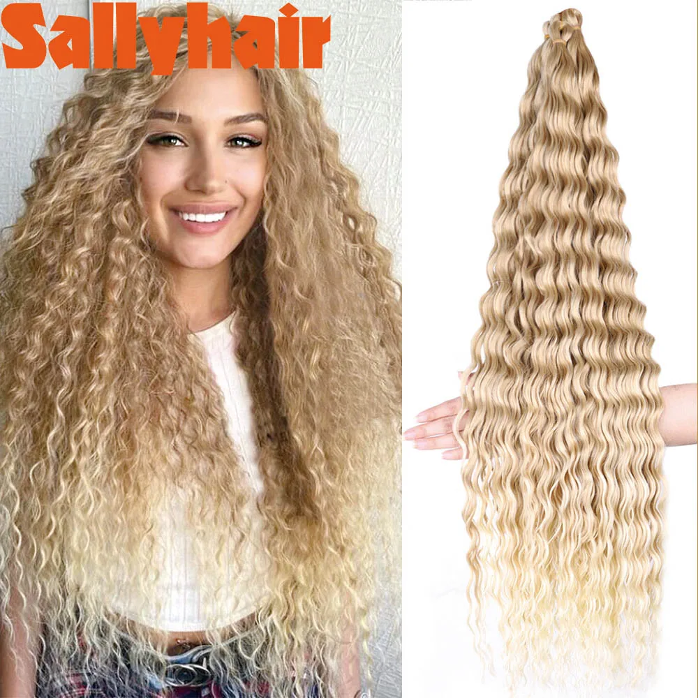 

Sallyhair Deep Wave Synthetic Crochet Hair 32 Inch Blonde Ocean Wave Afro Curls Light Weight Ombre Braiding Hair Extensions