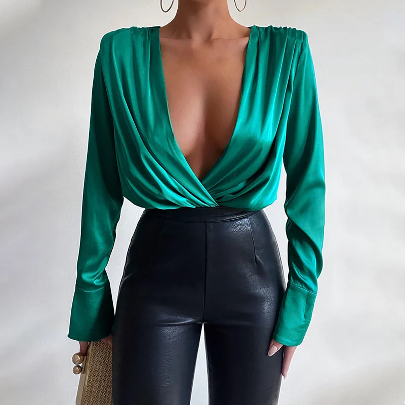 

Sexy One-piece Women Bodysuit Overall Deep V-neck Folds Shoulder Pads Female Bodysuits Long Sleeve 2022 Elegant Rompers Bodycon
