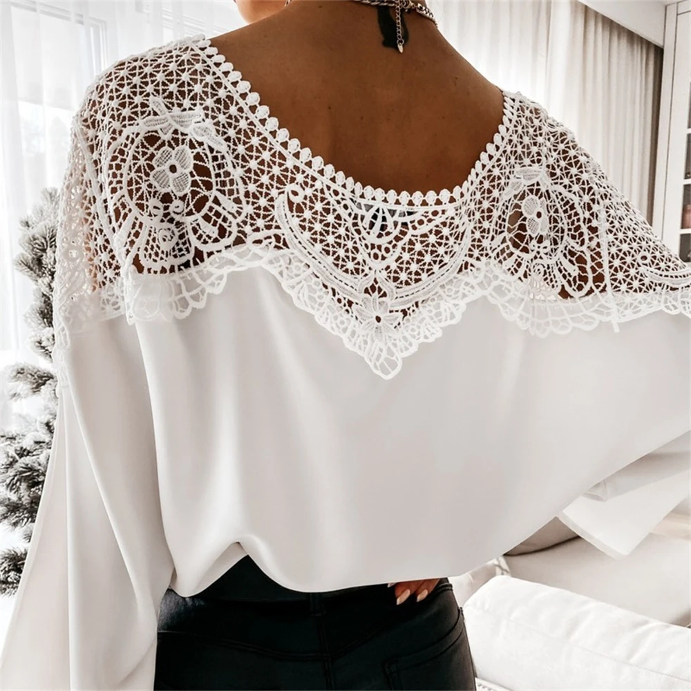 

White female blouse with lace and cleavage on the, floral shirt, crochet, long sleeve, embroidered, casual sexy