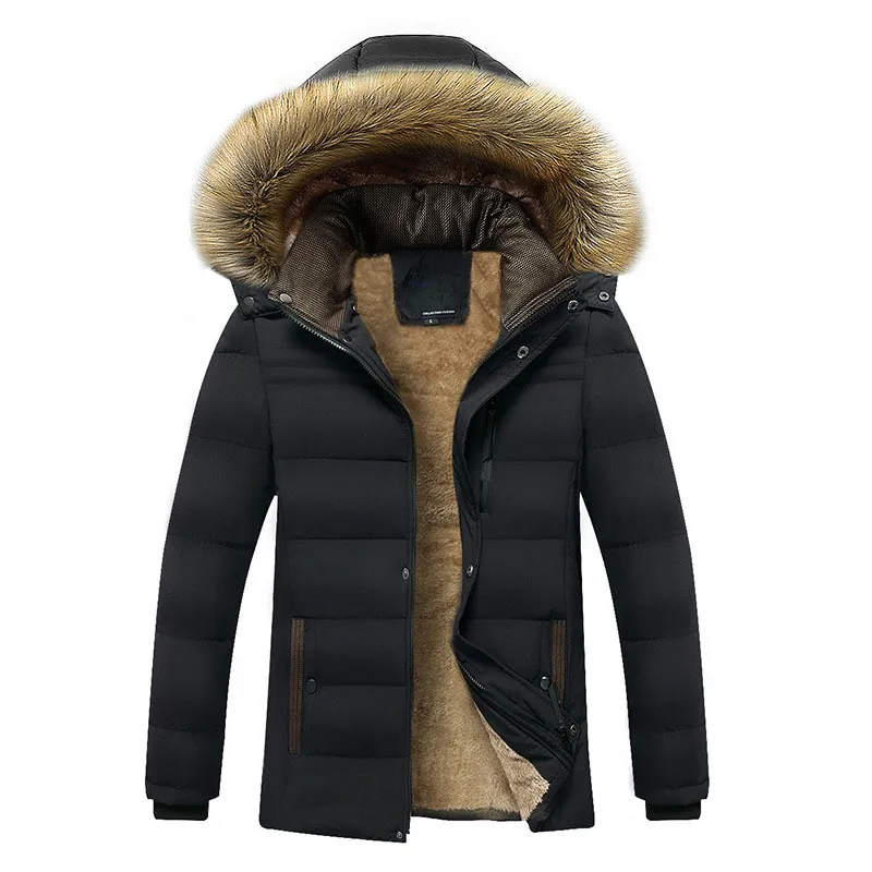 UHYTGF Winter Coats Men's Fleece Thicken Cold Proof Warm Jackets Male Fur Collar Hooded Windproof Parkas Men Cotton Overcoat 126
