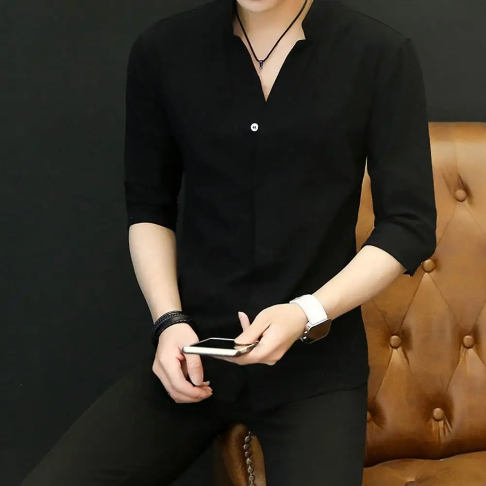 Мужская Однотонная рубашка с воротником-стойкой приталенная в деловом стиле