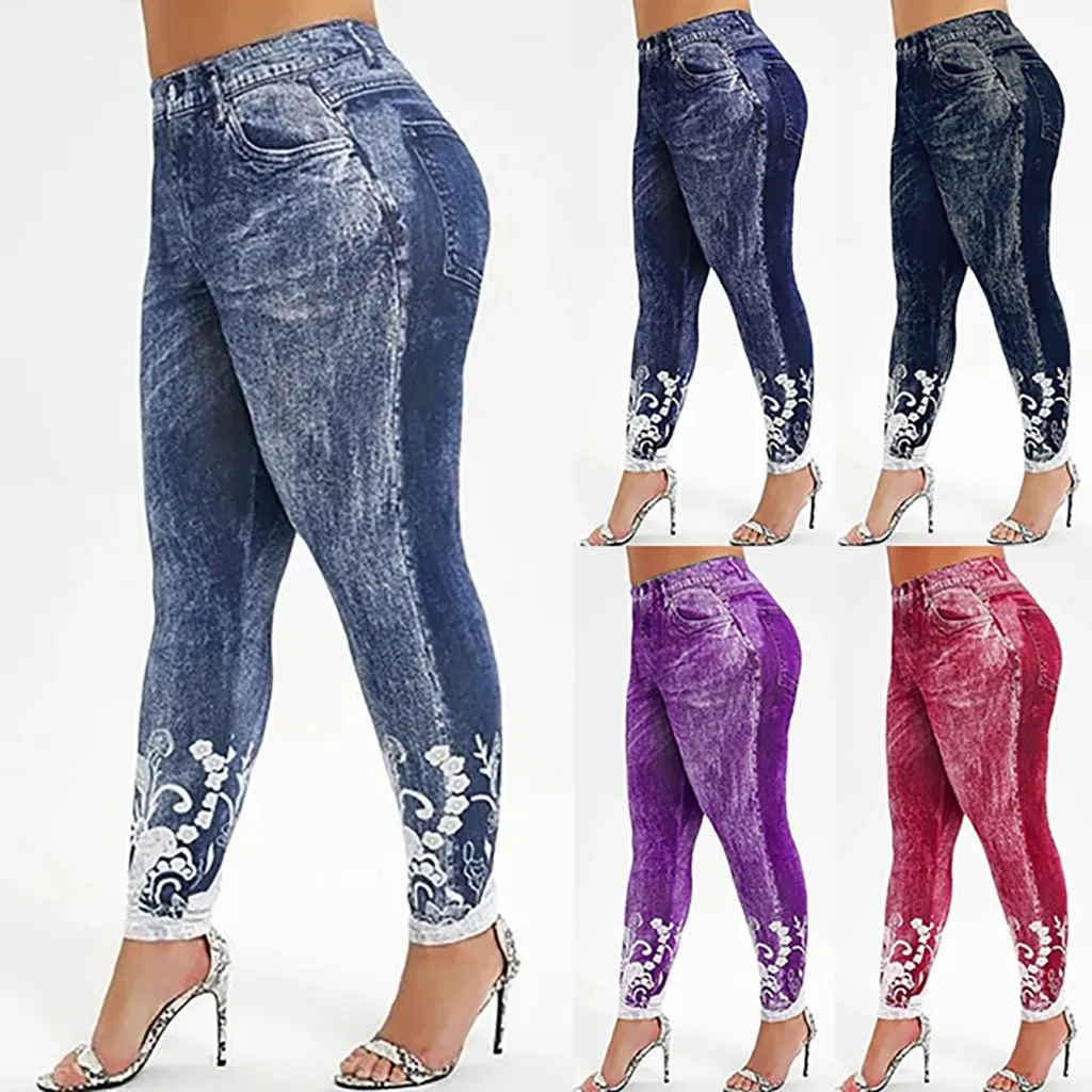 Sexy Elastic Imitation Faux Jeans Leggings High Waist Pants Fitness Slim Leggins Mujer Push Up For Women Hot Plus Size |