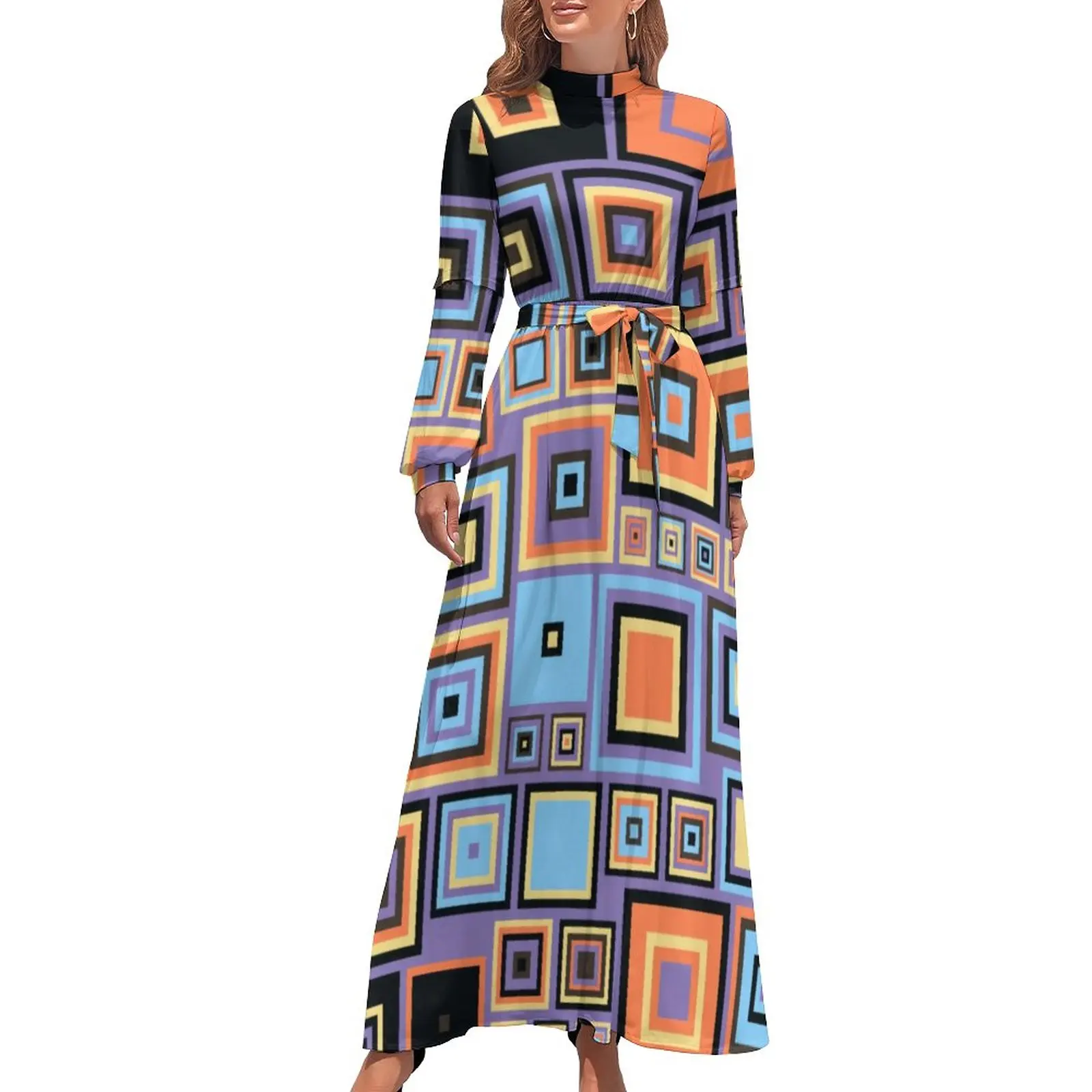 

Colorful Retro 60s Dress High Waist Geometric Vintage Pattern Bohemia Dresses Long Sleeve Street Long Maxi Dress Party Clothes