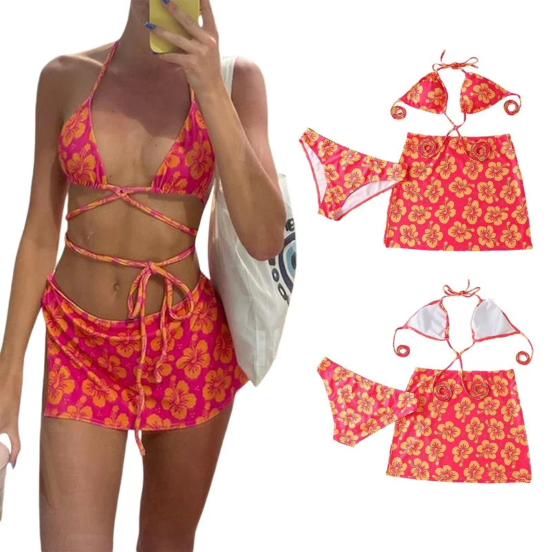 

3 шт., женские комплекты бикини с цветочным принтом