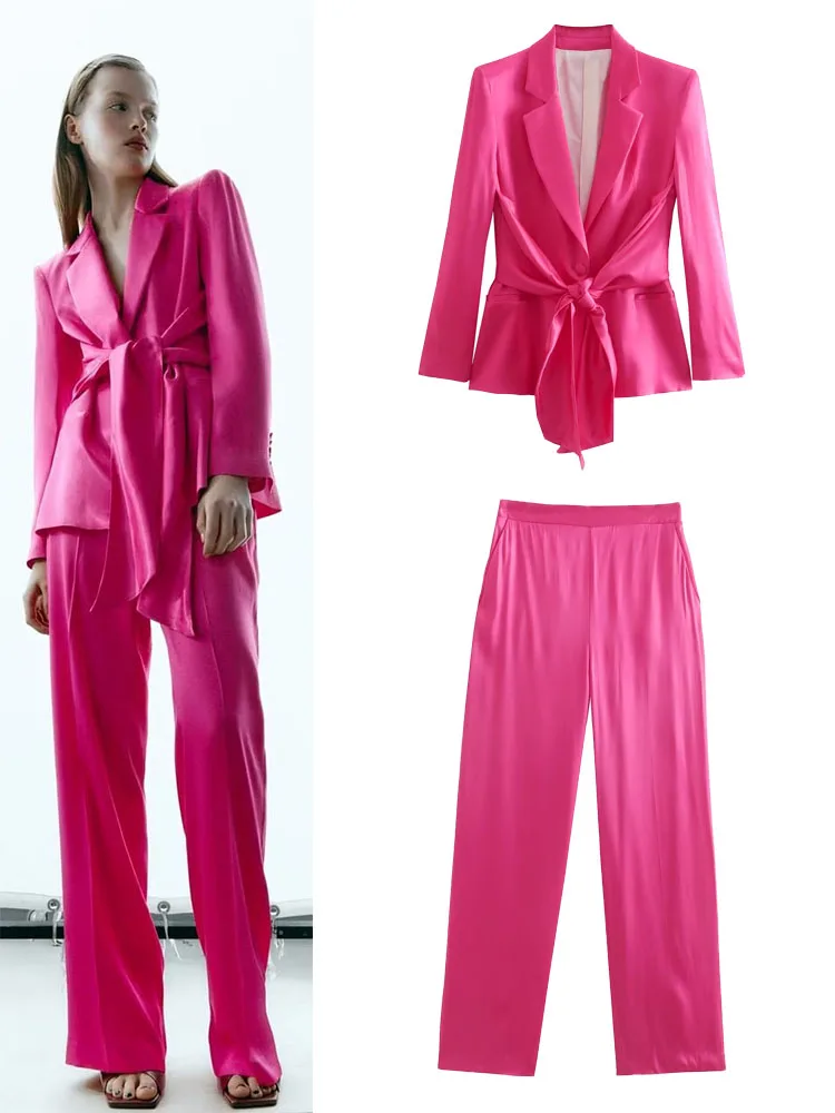 

Новинка летняя женская одежда Шелковый Атласный текстурированный блейзер + широкие брюки с высокой талией из одной ткани