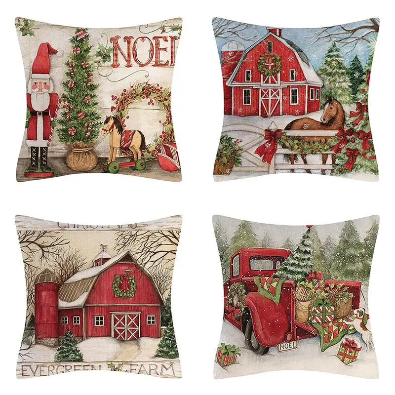 

Рождественская наволочка для подушки, 4 шт., льняная наволочка в деревенском стиле, наволочка для дивана, украшение для дома, рождественские ...