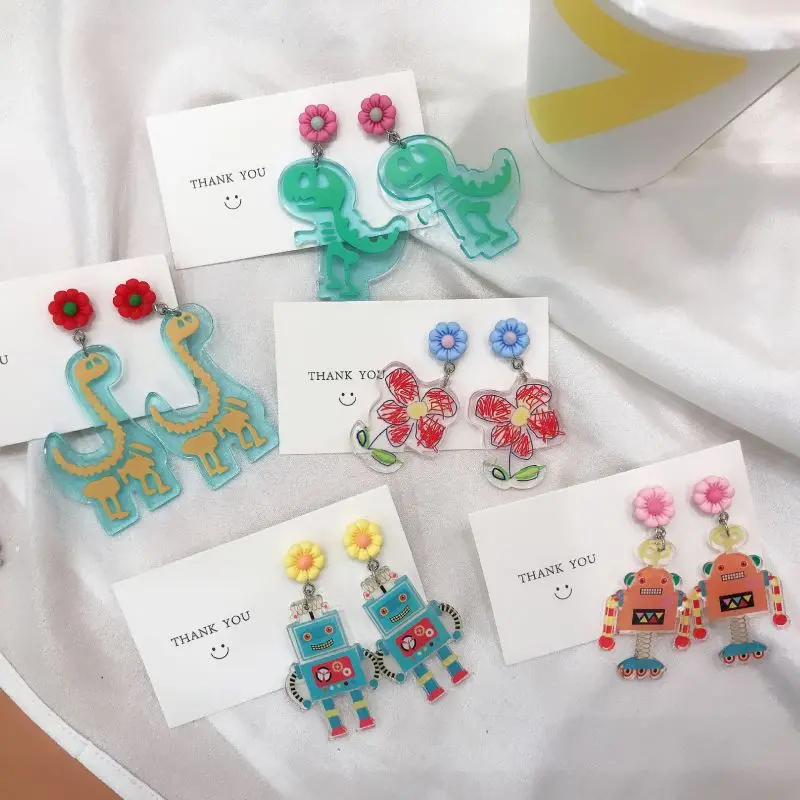 

Summer Funny Dinosaur Earrings For Women Girls Exaggerate Robot Fashion Earring Jewelry Creative Arylic Punk Earrings Wholesale