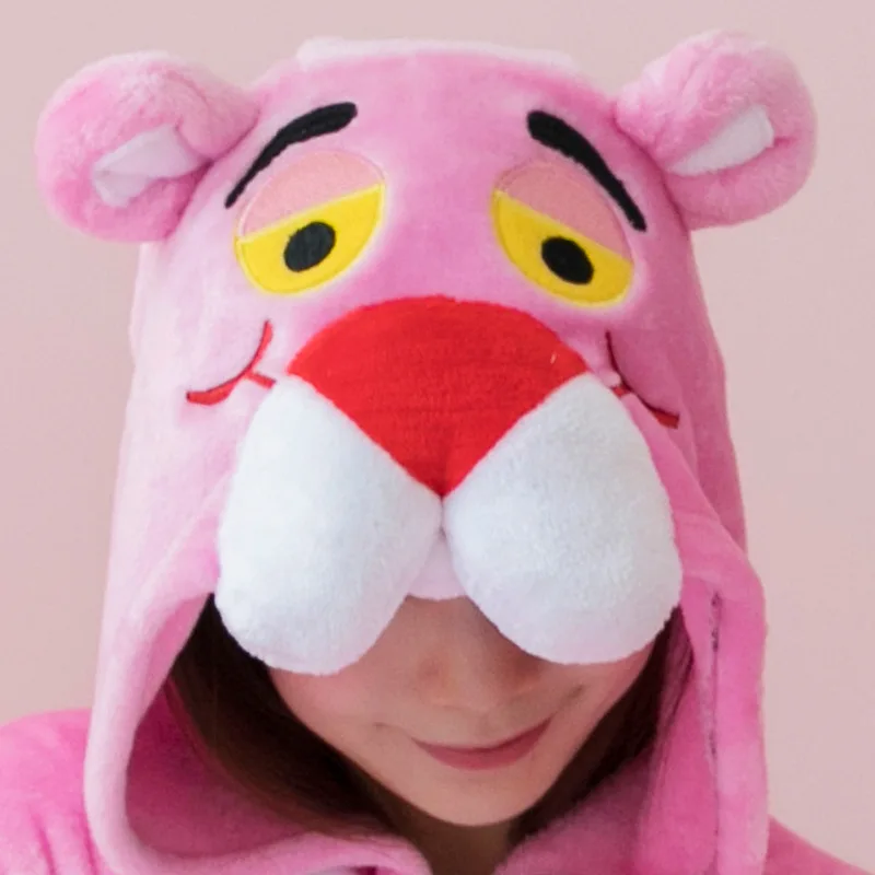 Unisex Winter Warm One-Piece Cartoon Pink Leopard Pajamas With Yellow Eye And Medium Length Tail Cute Comfort Sleepwear Cosplay