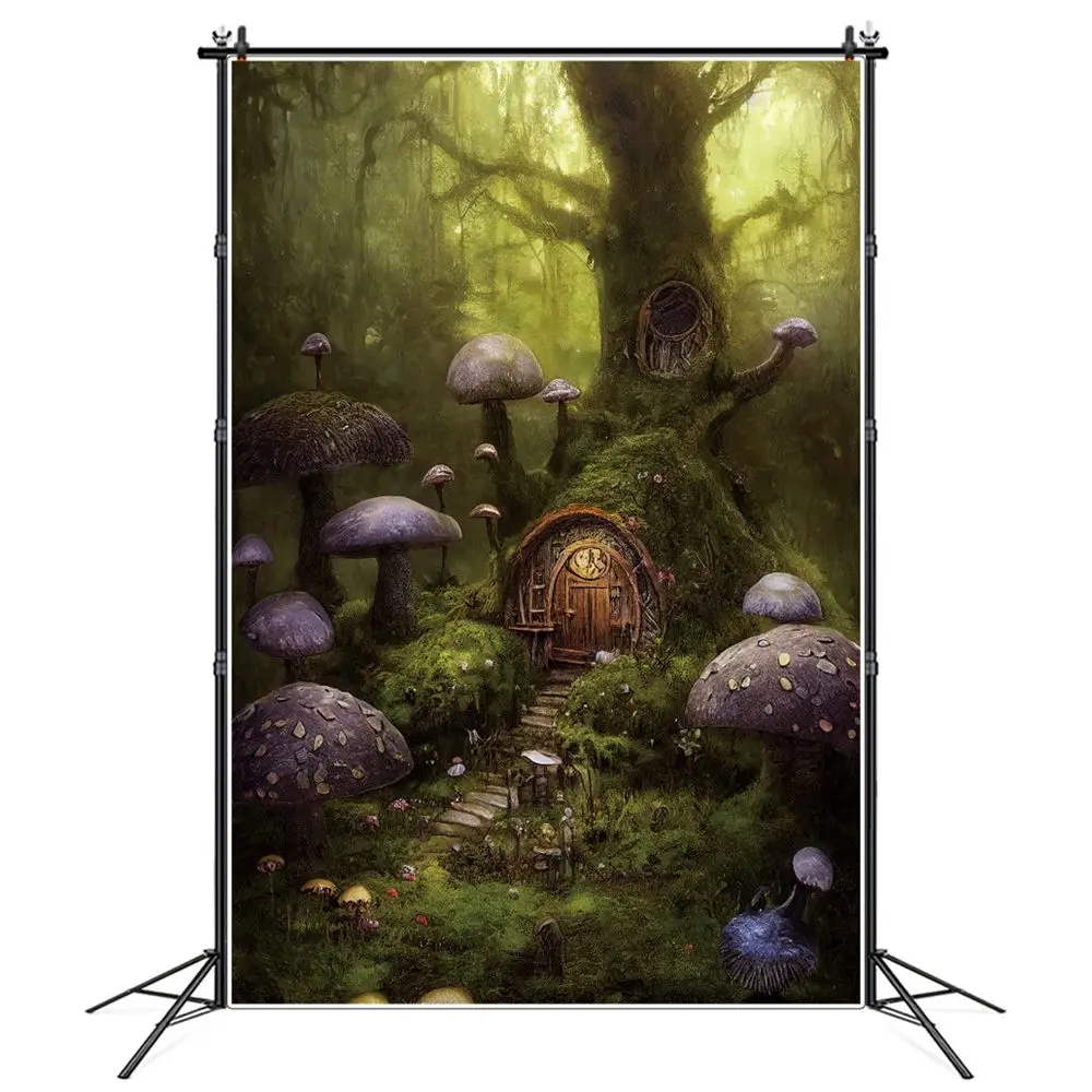 

Tree House Cabin Photography Backdrops Stand Birthday Decoration Children Fairy Forest Mushroom Arch Door Path Photo Backgrounds